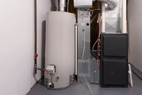 A water heater located next to a furnace. 