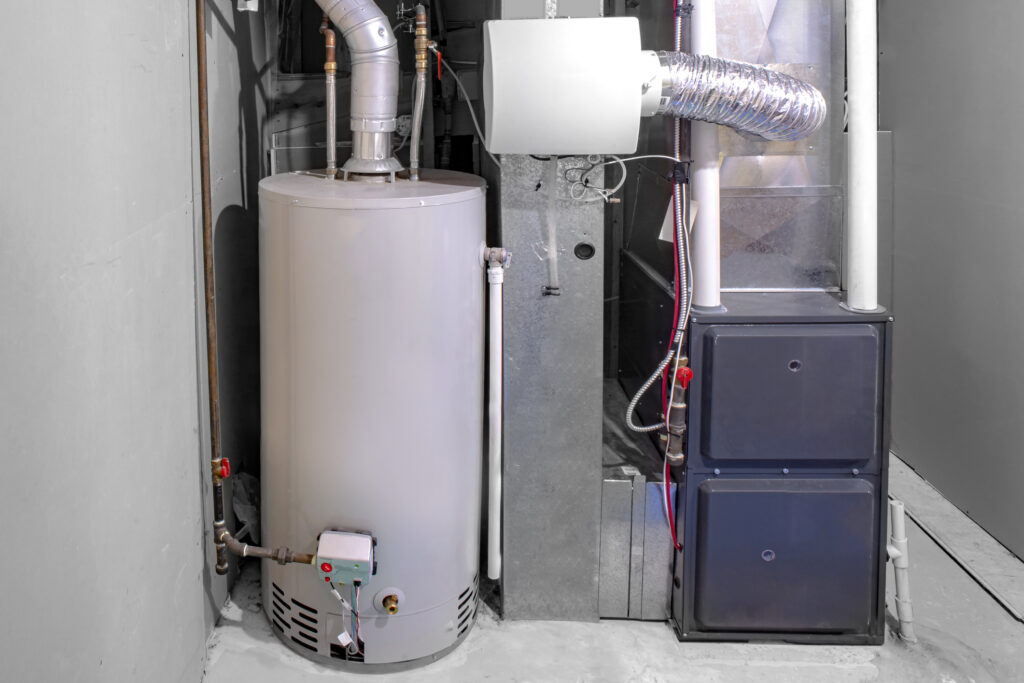 Gas furnace and water heater installed in the basement of a home in Westlake, OH